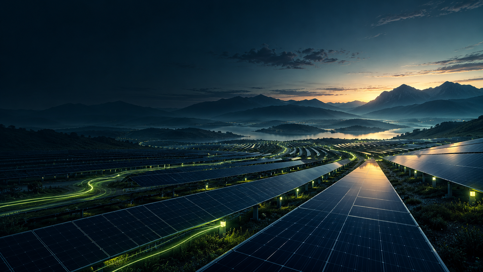 Solar panels stretching toward mountains at dusk with glowing energy trails